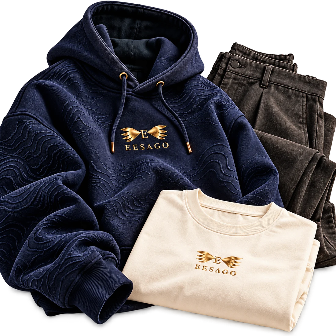 EESAGO indigo textured hoodie, ivory tee and charcoal trouser capsule concept
